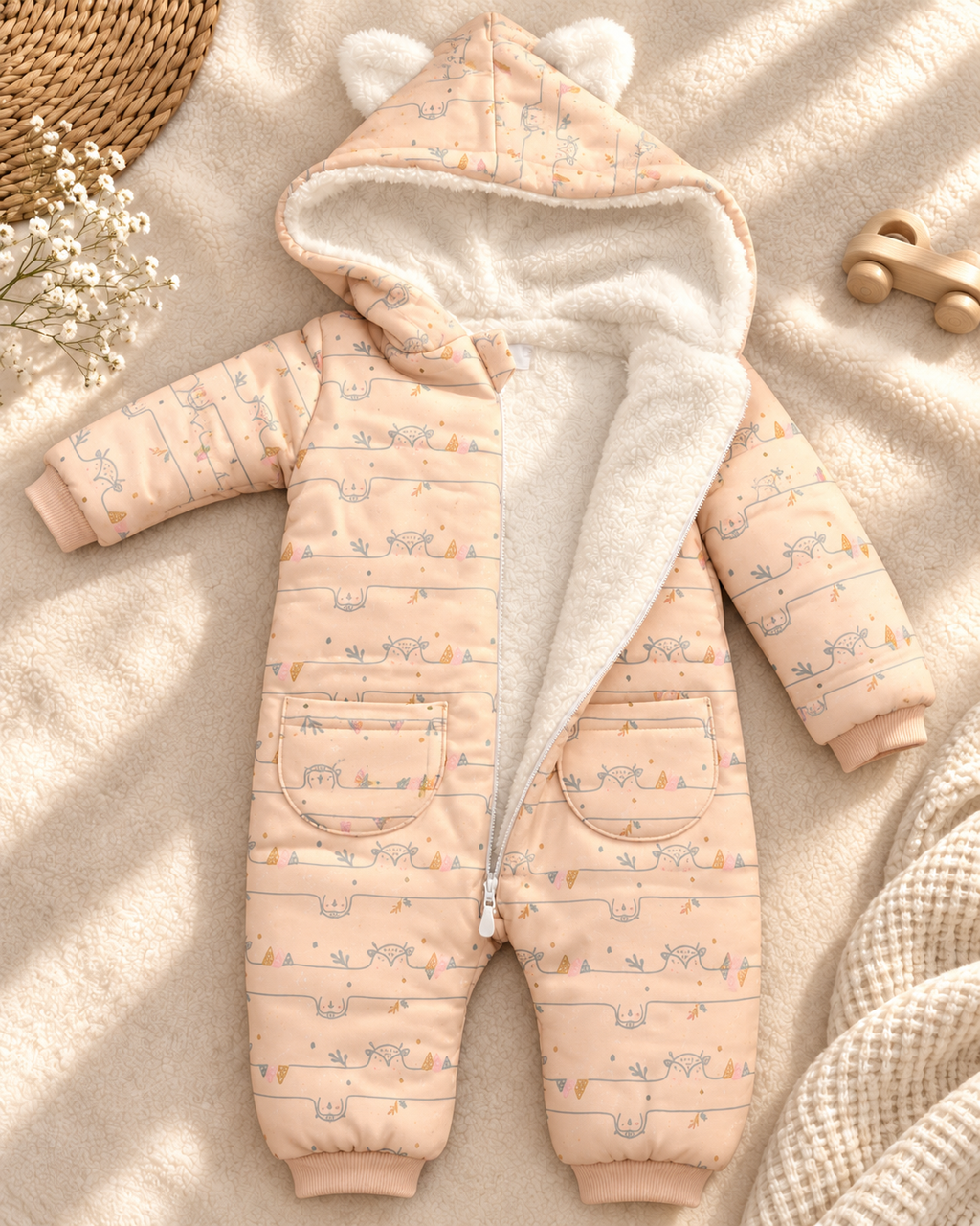Cozy Bear Ears Onesie – Peach