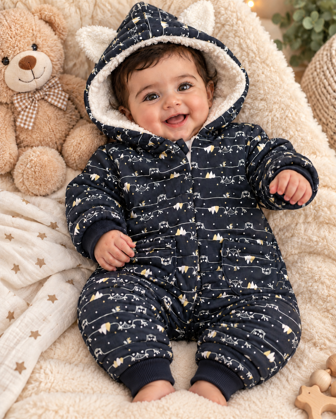 Cozy Bear Ears Onesie – Dark Blue